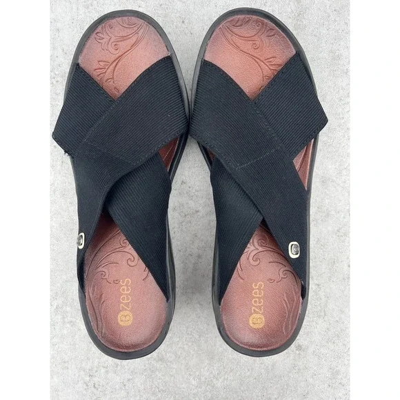 BZEES Desire Slide Sandals Black Elastic Crisscross Comfort Wedge Size 9.5M - Picture 1 of 8